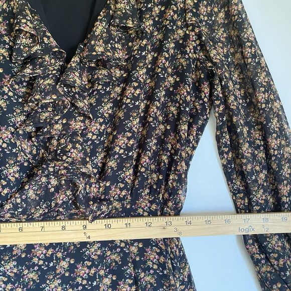 Bardot Midi Dress S Floral V Neck Long Sleeve Ruched Pleated Romantic Retro - Picture 7 of 10